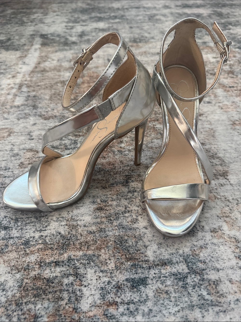 Jessica Simpson Metallic Silver Crisscross Ankle-Strap Heels
